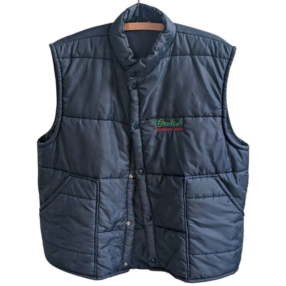 VTG Grolsch Beer Puffer Vest Mens L King Louie Pro Fit Snap Up Navy Blue USA 80s